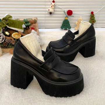 Xajzpa Super High Heels Loafers Women Autumn Patent Leather Chunky Platform Pumps Woman Slip On Black Jk Uniform Shoes Mary Janes